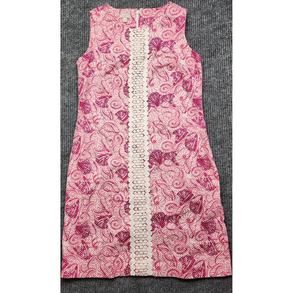 Talbots Petites Pink Seashell Print Pique Shift Dress with Lace Trim 8P